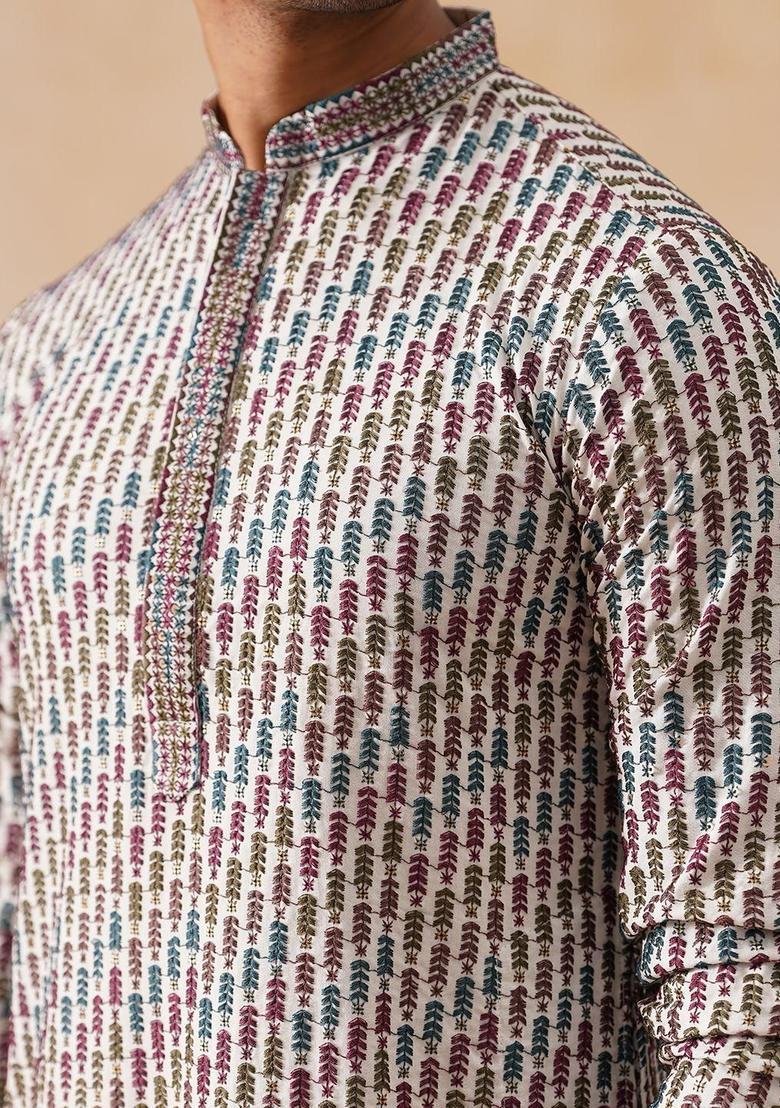 White Embroidered Viscose Kurta Set For Men - Indya
