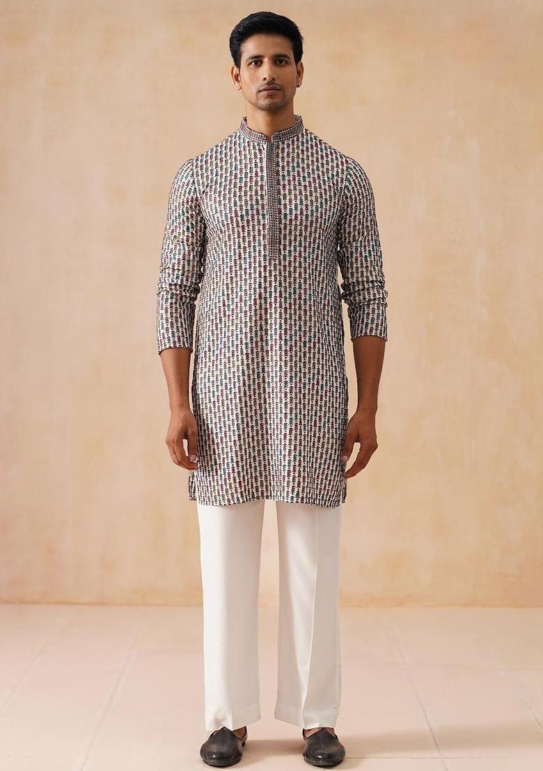White Embroidered Viscose Kurta Set For Men - Indya