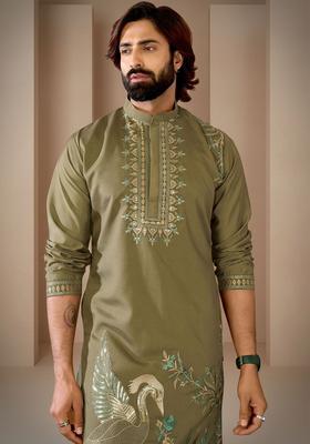 Olive Embroidered Cotton Kurta Set For Men