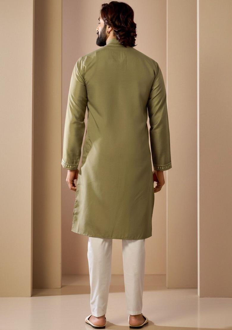 Olive Embroidered Cotton Kurta Set For Men - Indya
