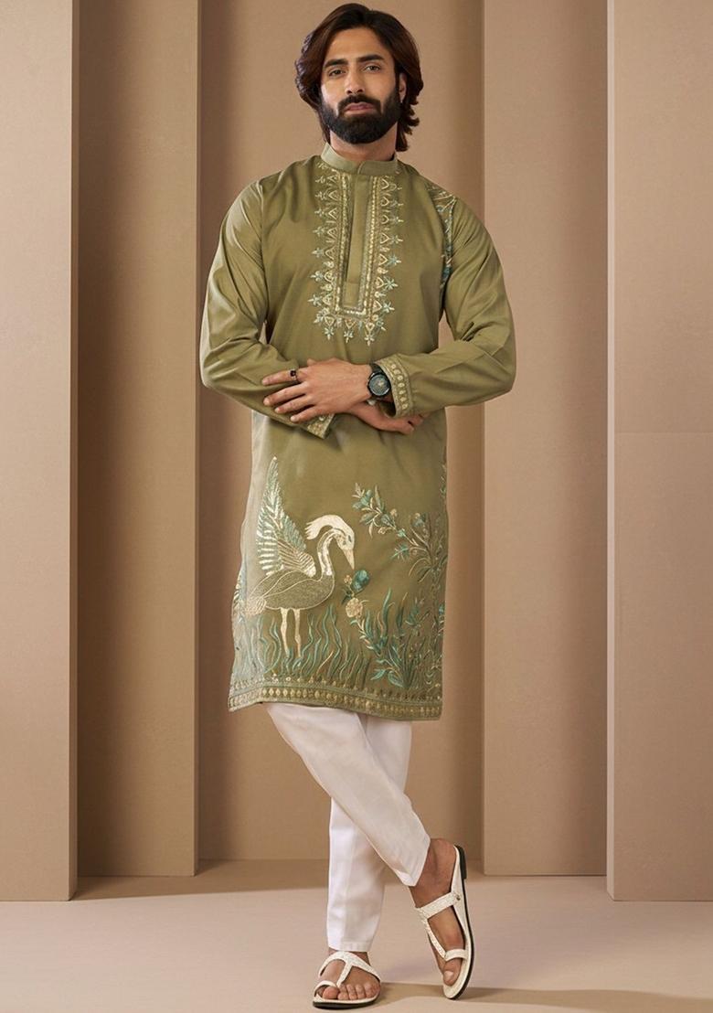 Olive Embroidered Cotton Kurta Set For Men - Indya