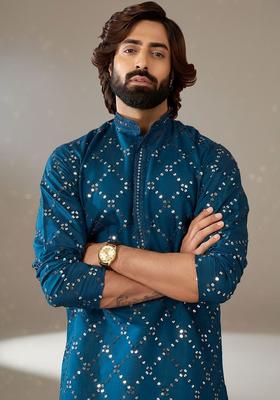 Blue Embroidered Silk Kurta Set For Men