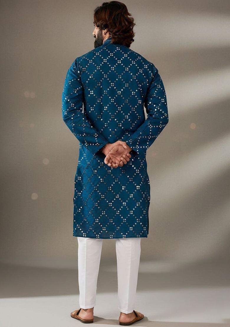 Blue Embroidered Silk Kurta Set For Men - Indya