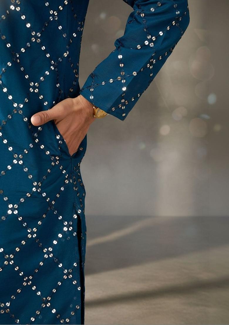 Blue Embroidered Silk Kurta Set For Men - Indya