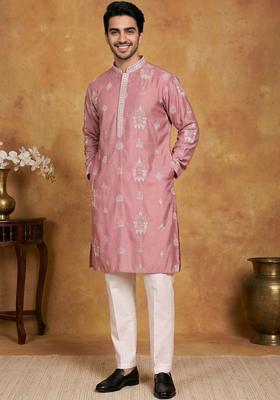 Pink Embroidered Silk Kurta Set For Men