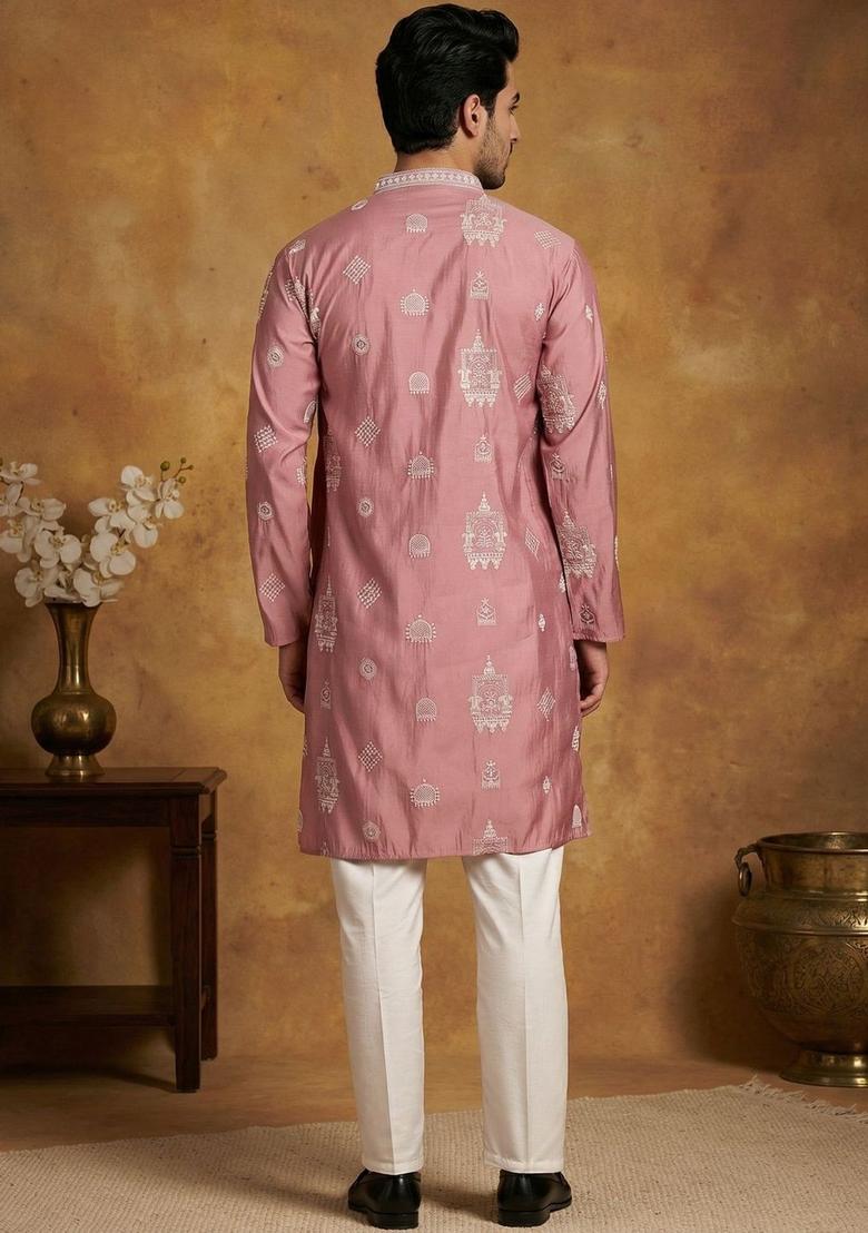 Pink Embroidered Silk Kurta Set For Men - Indya