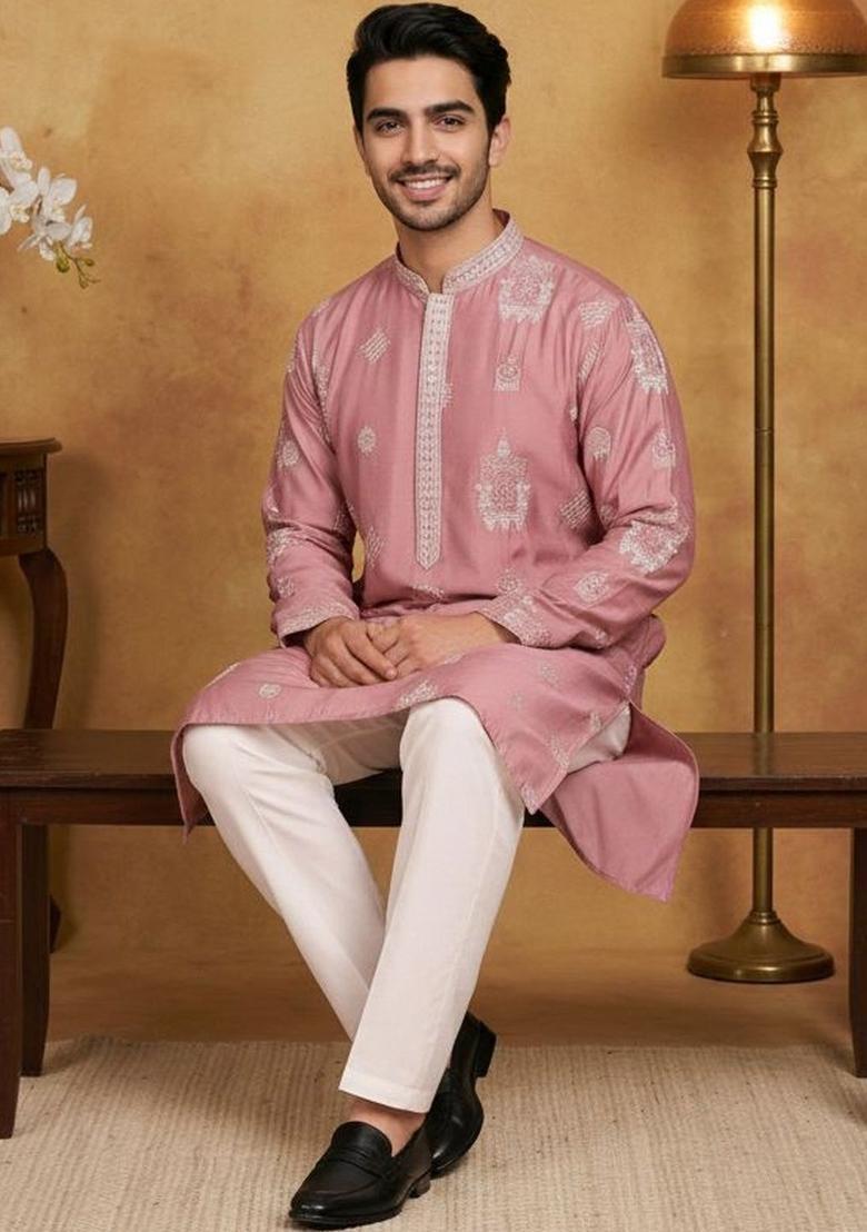 Pink Embroidered Silk Kurta Set For Men - Indya