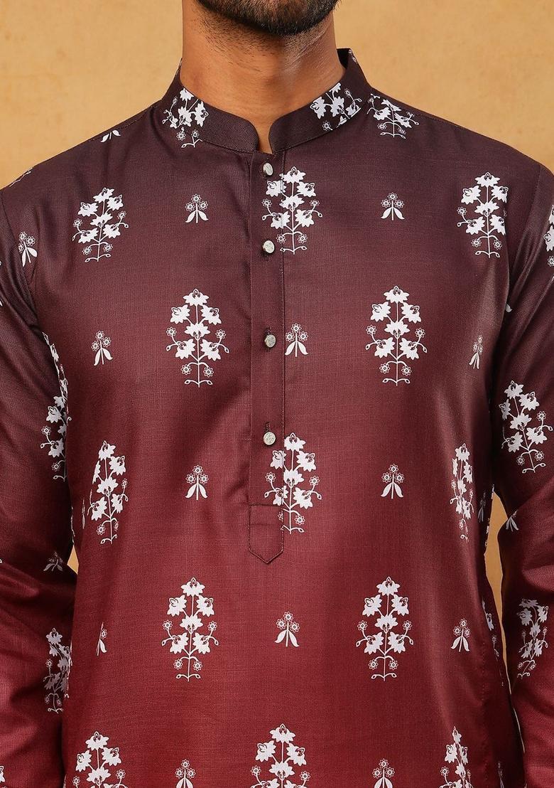 Maroon Printed Cotton Kurta Set For Men - Indya