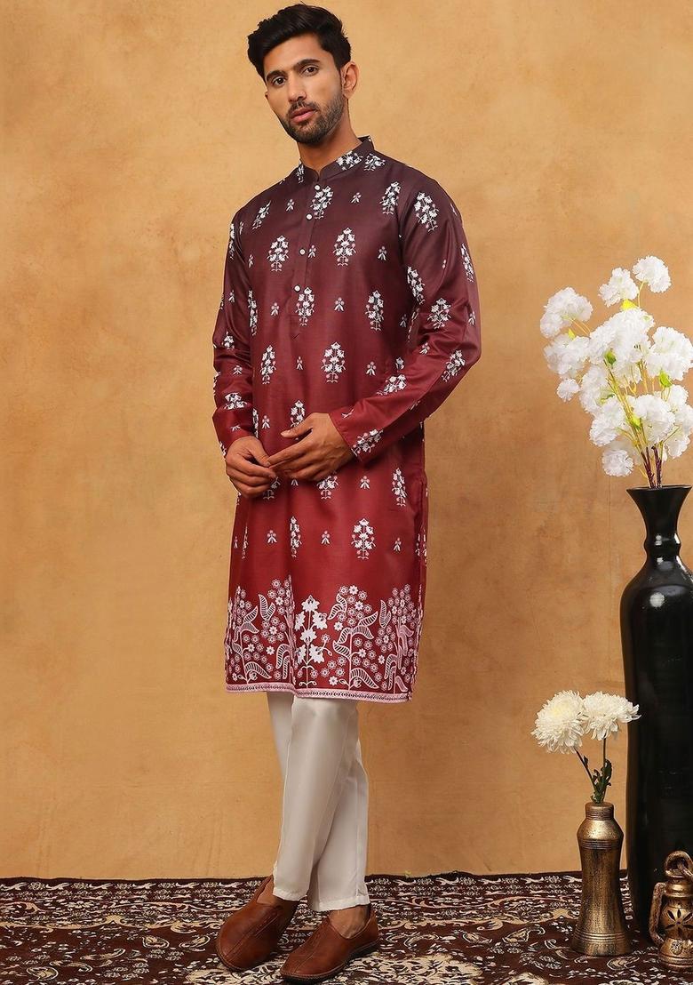 Maroon Printed Cotton Kurta Set For Men - Indya