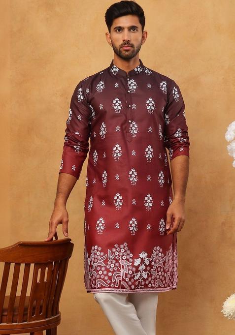 Maroon Printed Cotton Kurta Set For Men