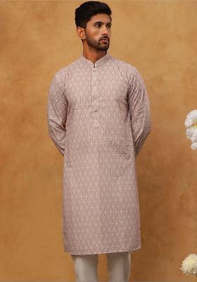 Peach Embroidered Silk Kurta Set For Men