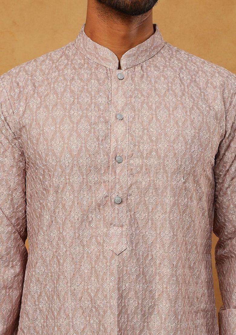 Peach Embroidered Silk Blend Kurta Set For Men - Indya