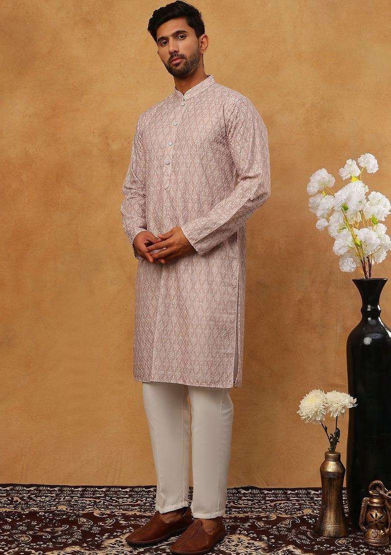 Peach Embroidered Silk Blend Kurta Set For Men - Indya
