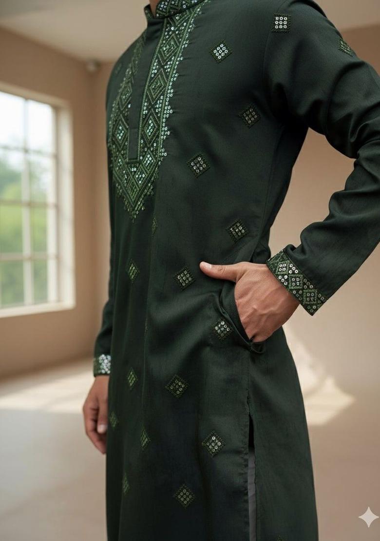Green Embroidered Blended Kurta Set For Men - Indya