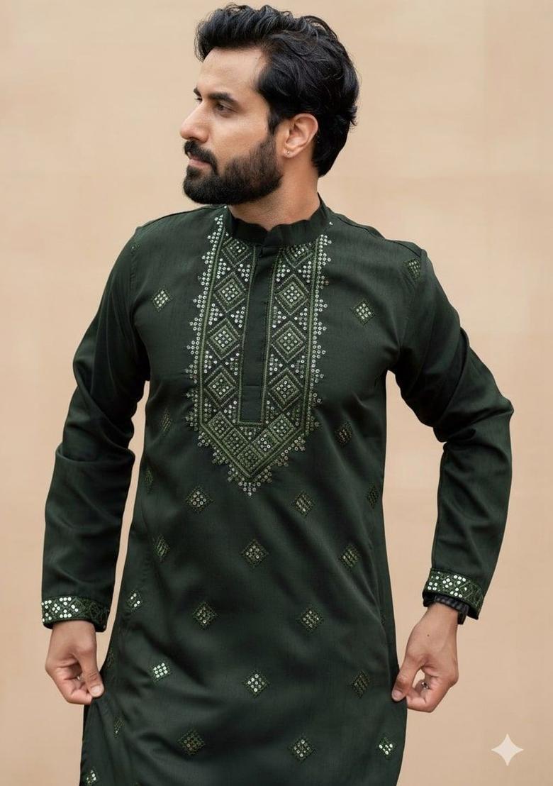 Green Embroidered Blended Kurta Set For Men - Indya
