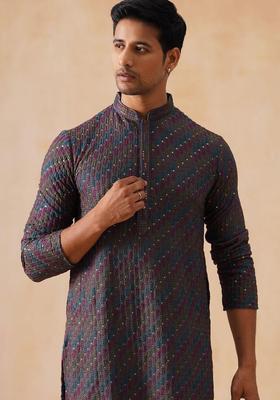 Grey Embroidered Viscose Kurta Set For Men