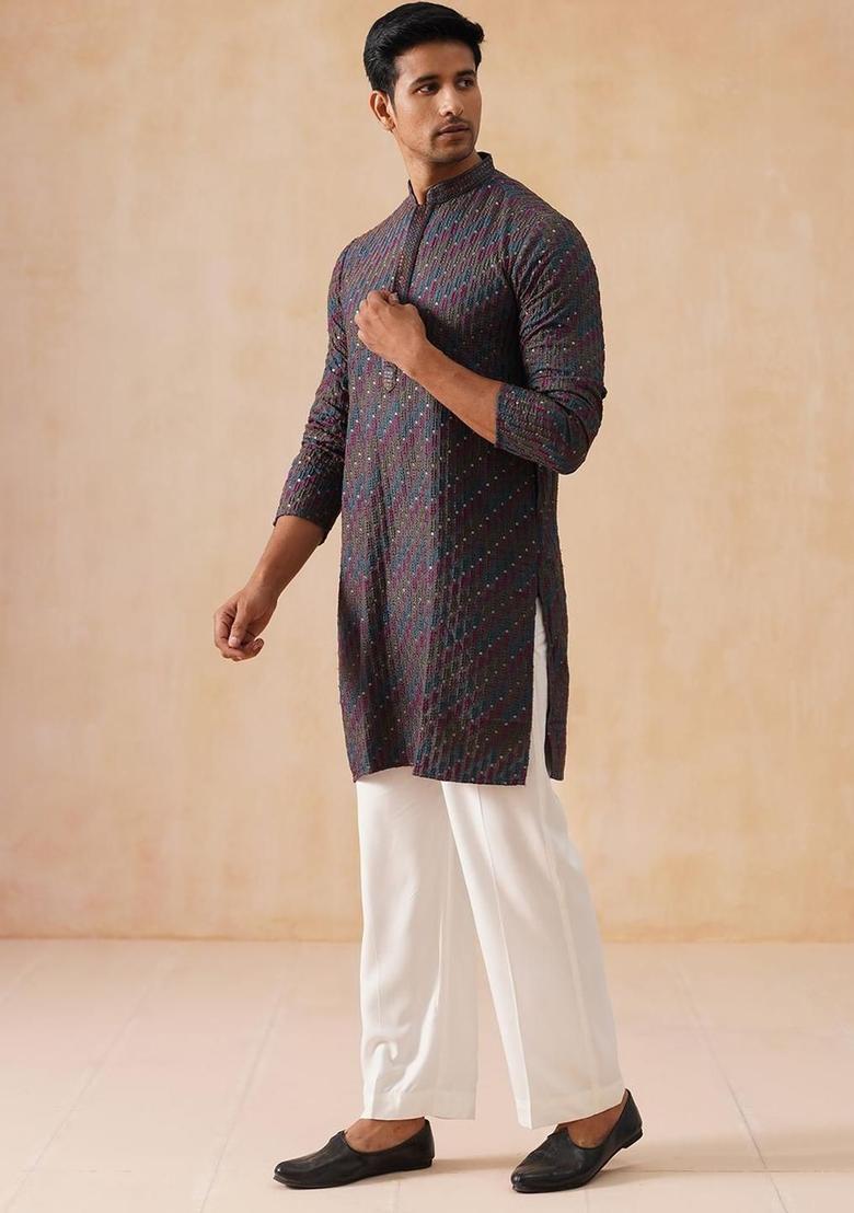 Grey Embroidered Viscose Kurta Set For Men - Indya