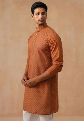 Brown Embroidered Cotton Kurta Set For Men