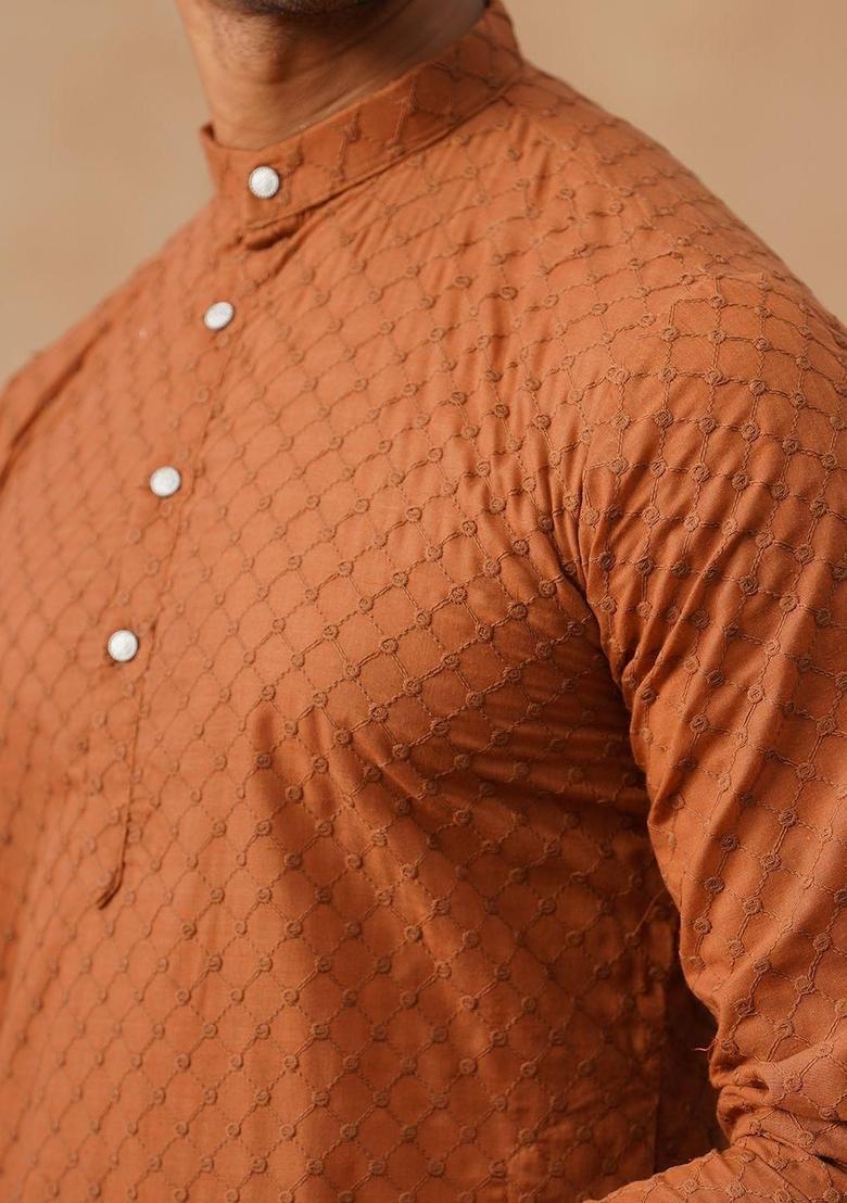 Brown Embroidered Cotton Kurta Set For Men - Indya
