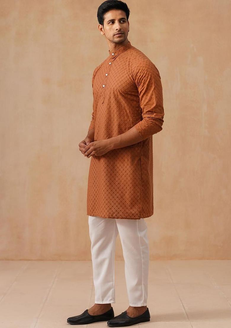 Brown Embroidered Cotton Kurta Set For Men - Indya