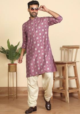 Purple Printed Silk Kurta Set For Men