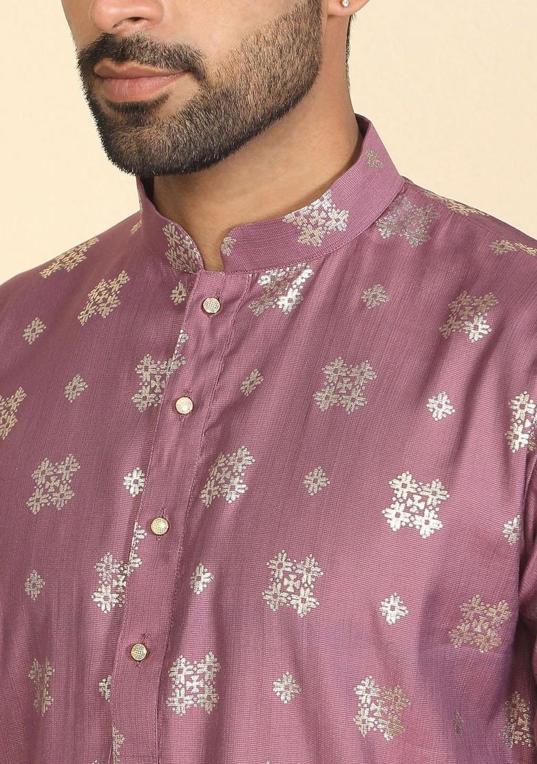 Purple Printed Silk Kurta Set For Men - Indya