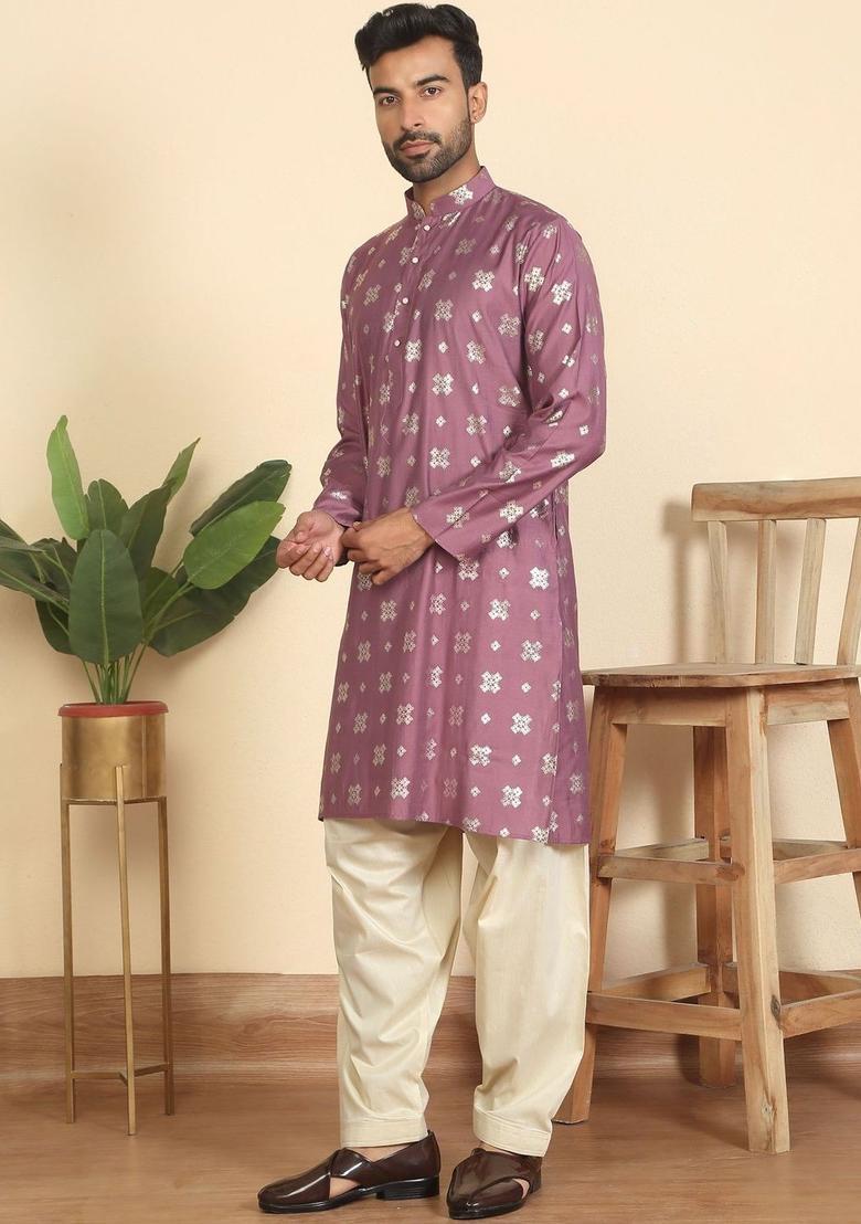 Purple Printed Silk Kurta Set For Men - Indya