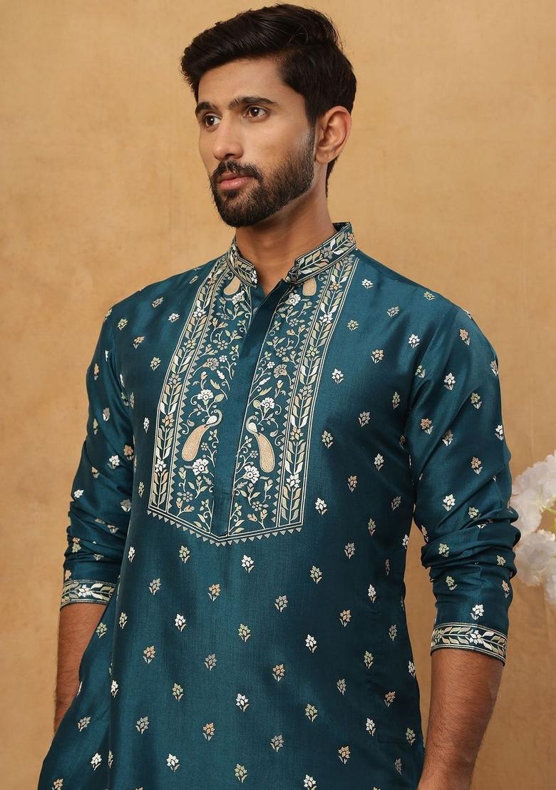 Blue Embroidered Silk Kurta Set For Men - Indya