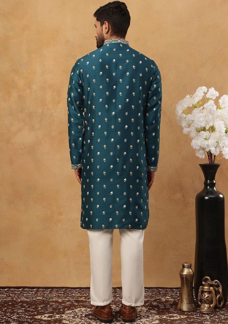 Blue Embroidered Silk Kurta Set For Men - Indya
