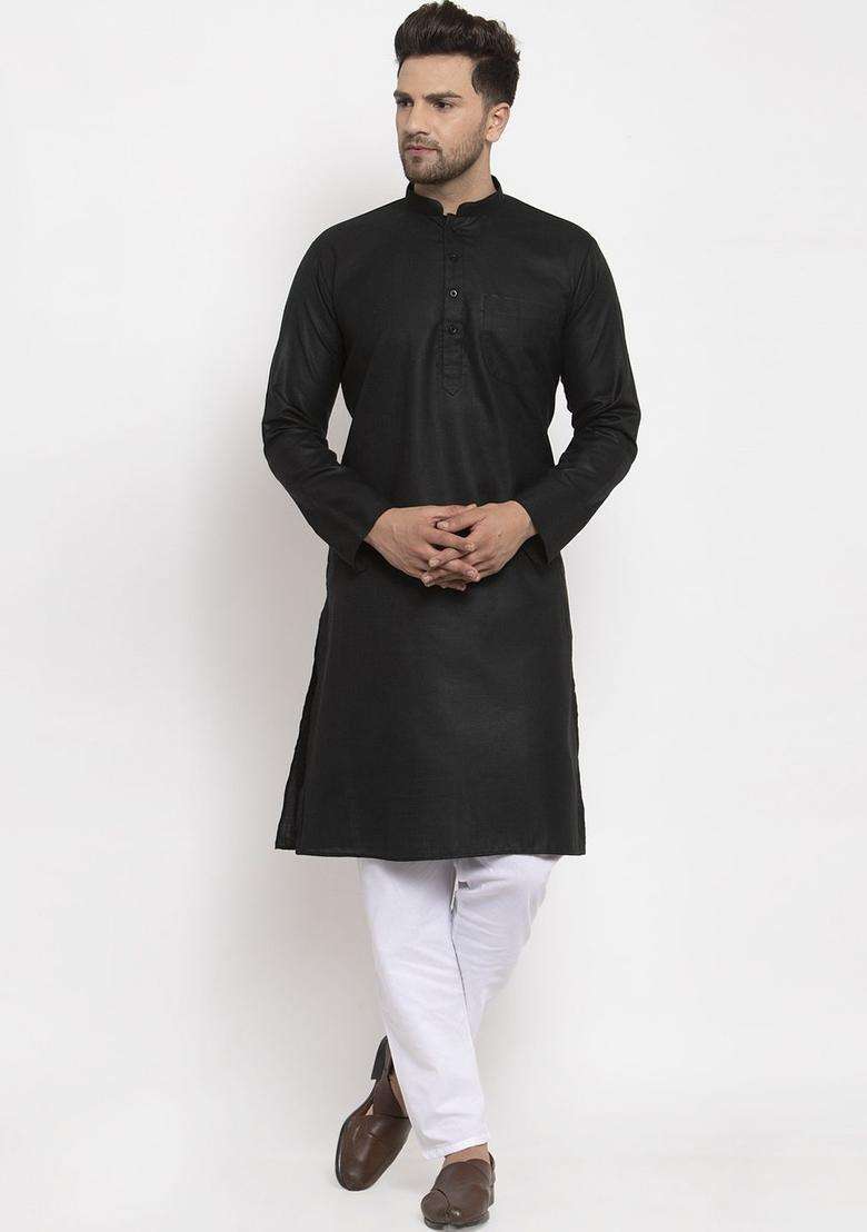 Black Striped Cotton Kurta Set For Men - Indya