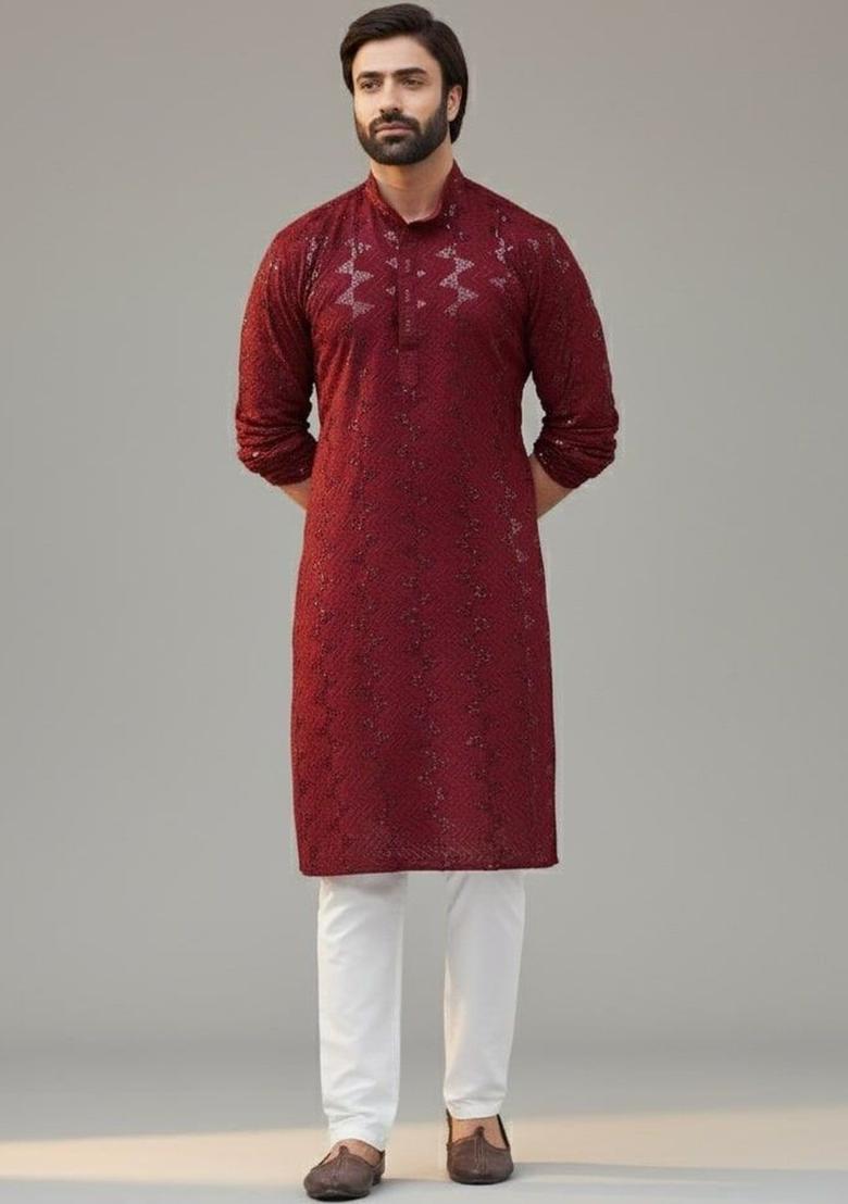 Maroon Self Design Blended Kurta Set For Men - Indya