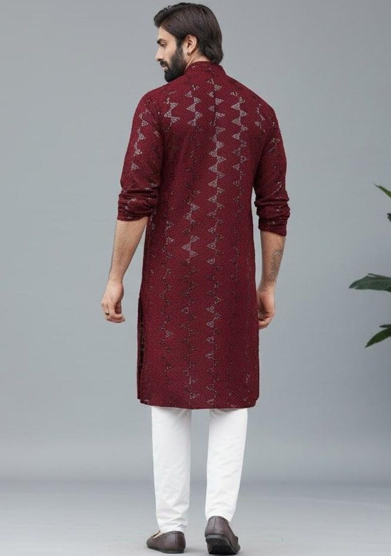 Maroon Self Design Blended Kurta Set For Men - Indya
