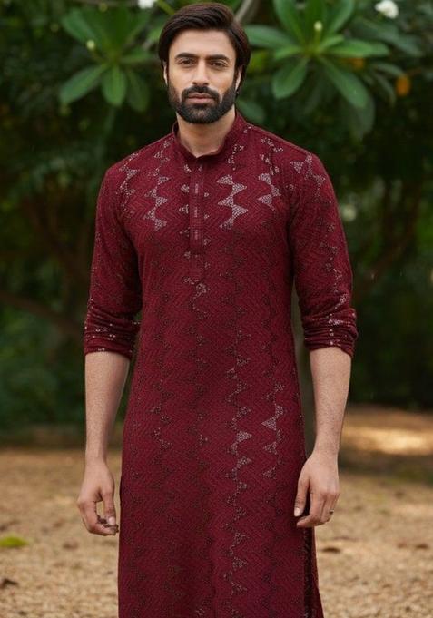 Maroon Self Design Blended Kurta Set For Men