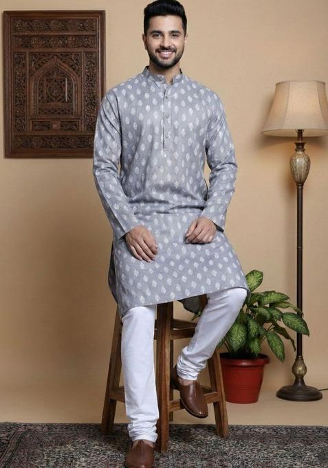 Grey Printed Cotton Kurta Set For Men
