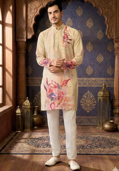 Beige Printed Silk Kurta Set For Men