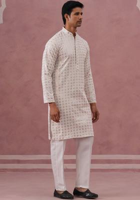 White Embroidered Viscose Kurta Set For Men