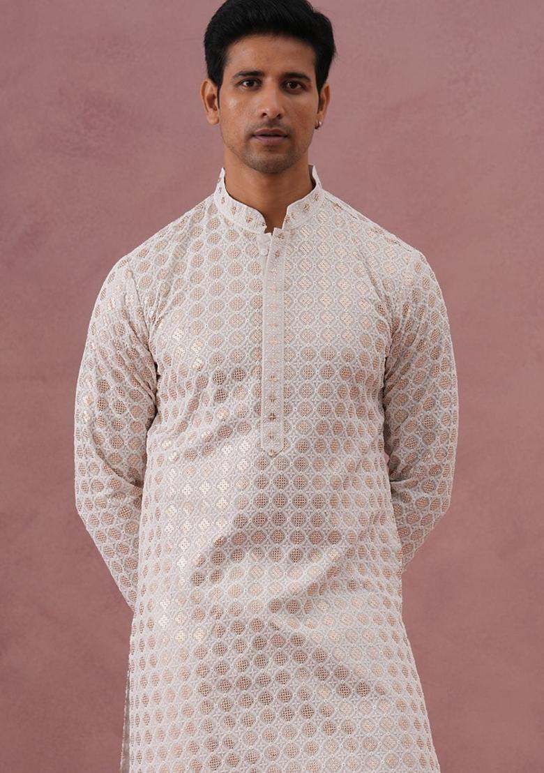 White Embroidered Viscose Kurta Set For Men - Indya