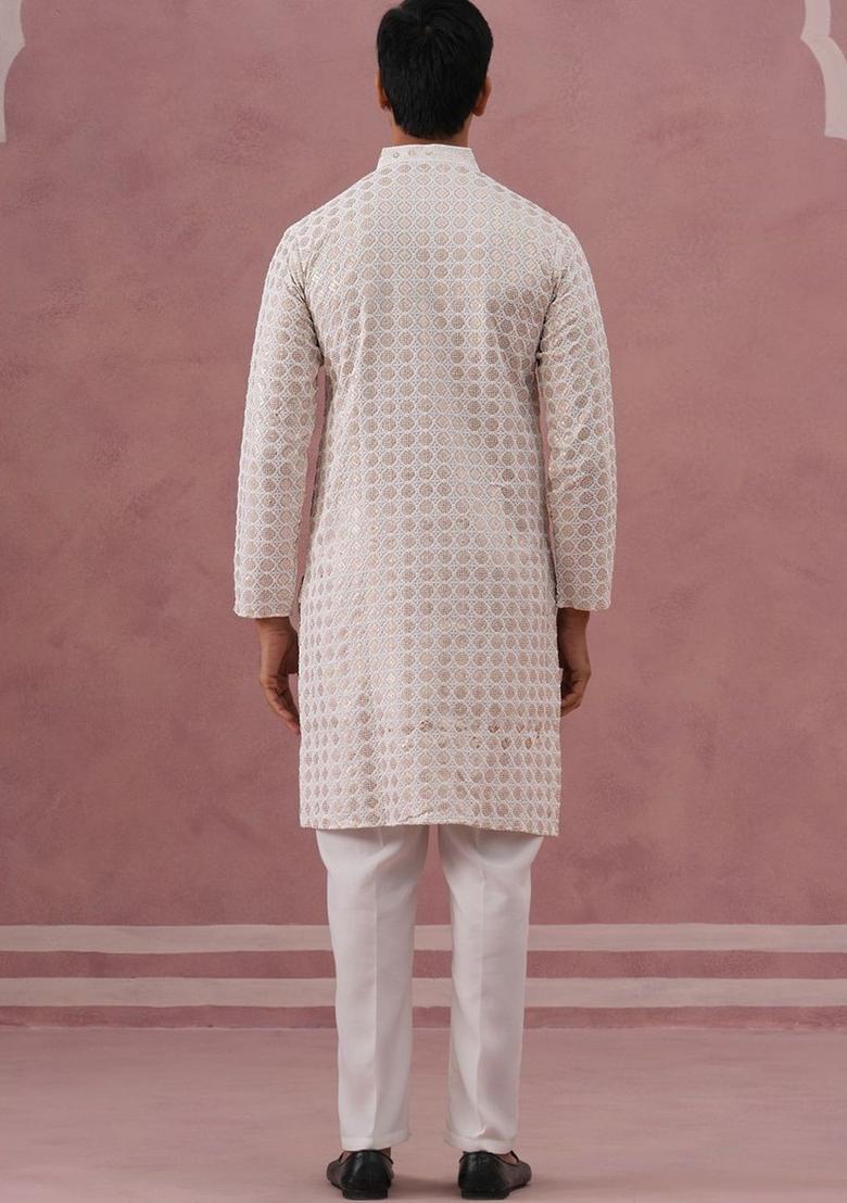 White Embroidered Viscose Kurta Set For Men - Indya