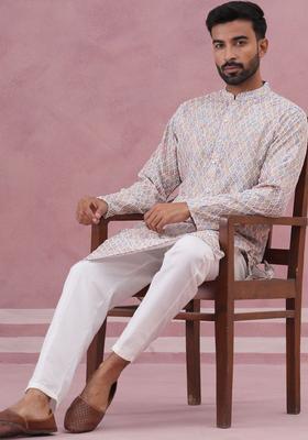 White Printed Silk Kurta Set For Men
