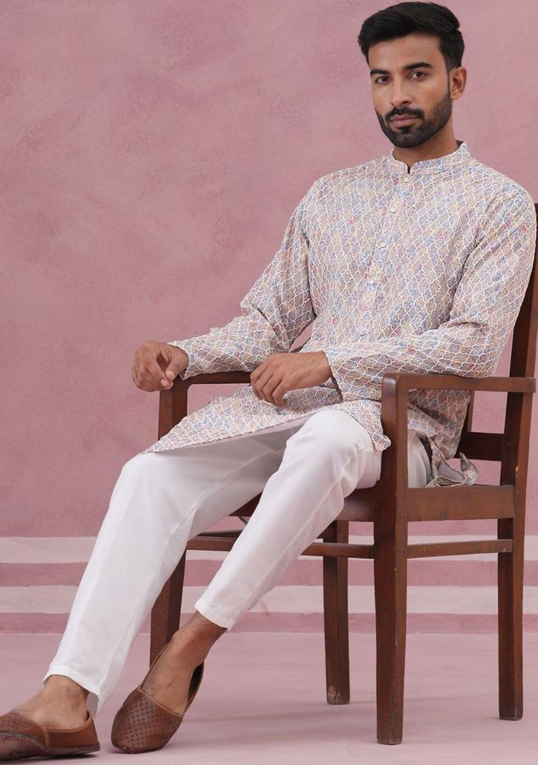 White Printed Silk Kurta Set For Men - Indya
