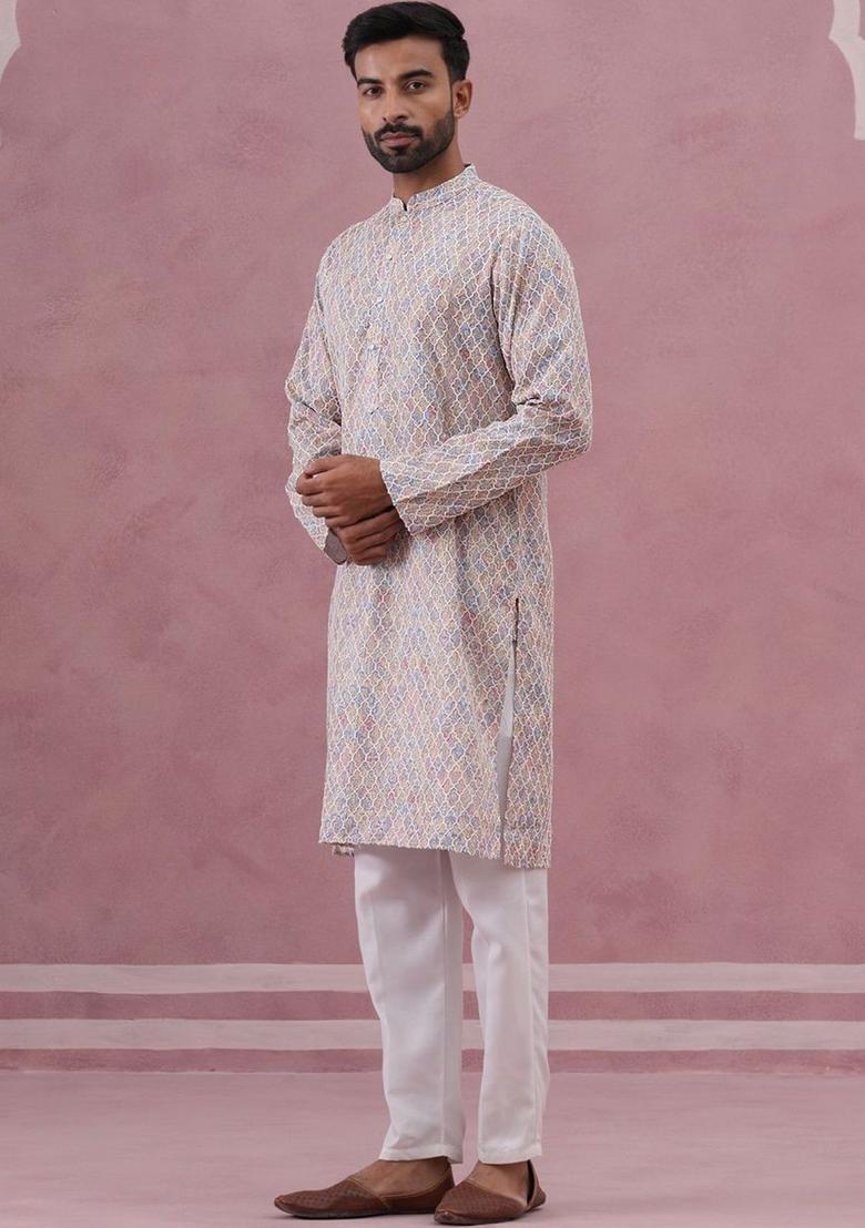 White Printed Silk Kurta Set For Men - Indya