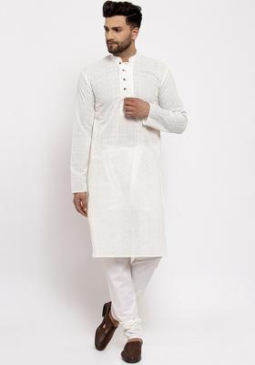 Beige Embroidered Cotton Kurta Set For Men