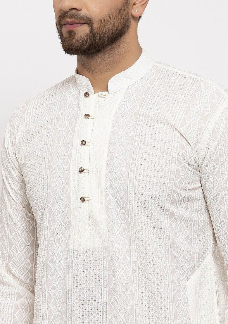 Beige Embroidered Cotton Kurta Set For Men - Indya