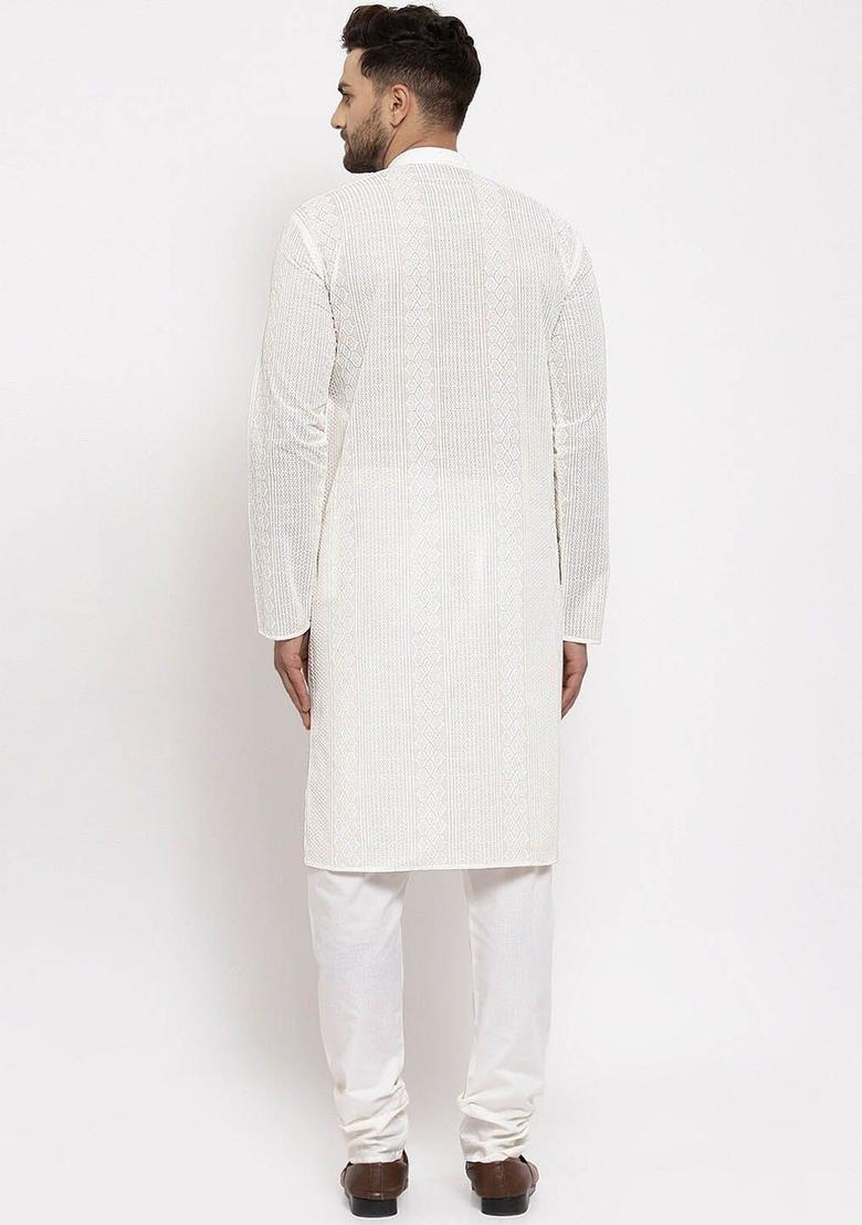 Beige Embroidered Cotton Kurta Set For Men - Indya