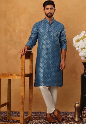 Blue Woven Design Cotton Kurta Set For Men