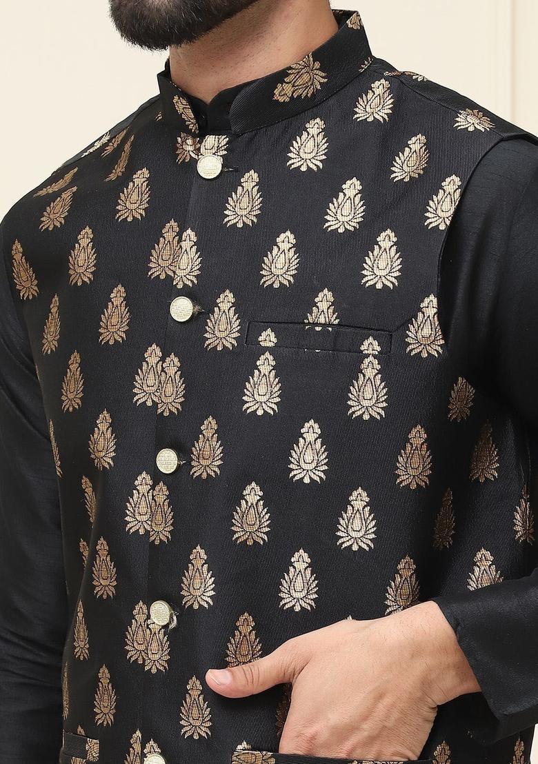 Black Solid Silk Kurta Set For Men - Indya