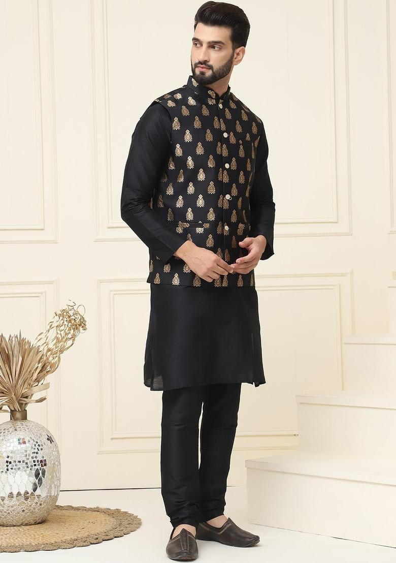 Black Solid Silk Kurta Set For Men - Indya
