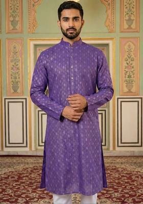 Purple Woven Design Cotton Kurta Set For Men