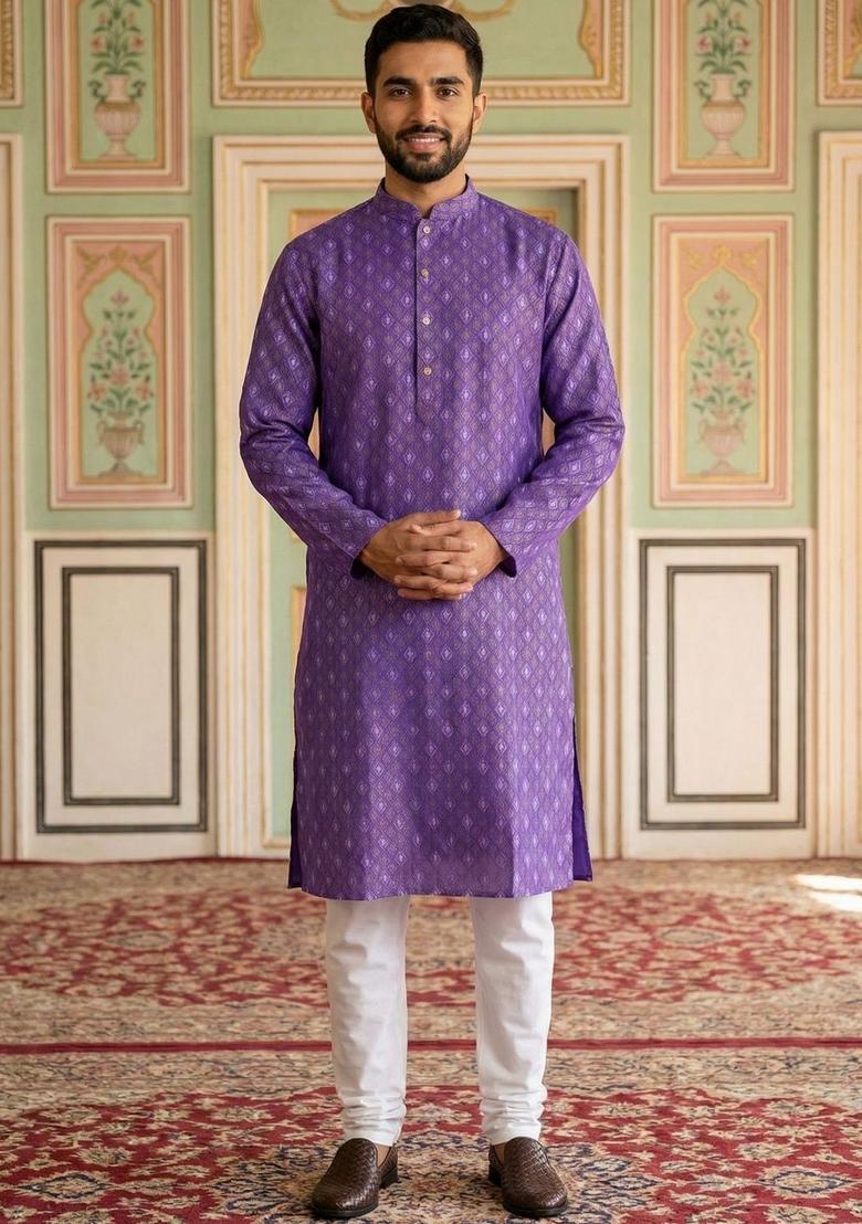 Purple Woven Design Cotton Kurta Set For Men - Indya