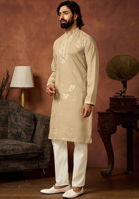Beige Embroidered Silk Kurta Set For Men